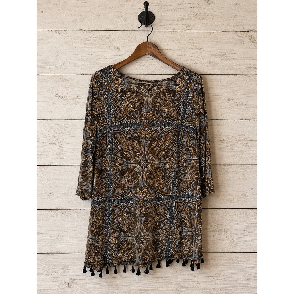 J. Jill Paisley Tassel Hem Tunic Top Boho 3/4 Sleeve Knit Blouse Brown Black M